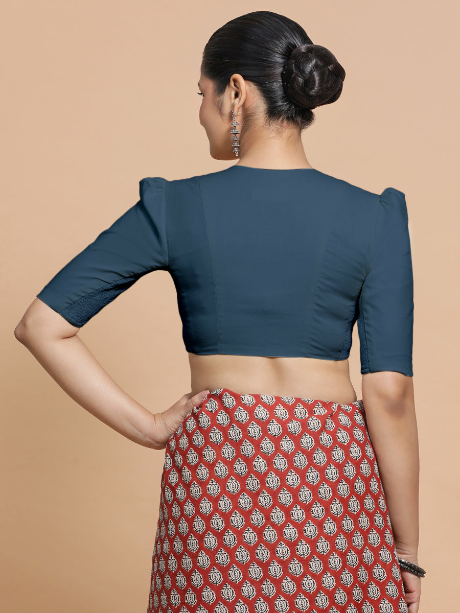 Rima x Rozaana Saree Blouse, in Blue Linen, featuring elbow sleeves and v-neckline, made for daily & work (view 2).