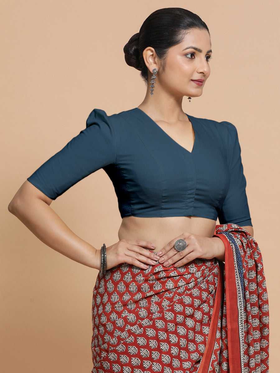 Rima x Rozaana Saree Blouse, in Blue Linen, featuring elbow sleeves and v-neckline, made for daily & work (view 7).