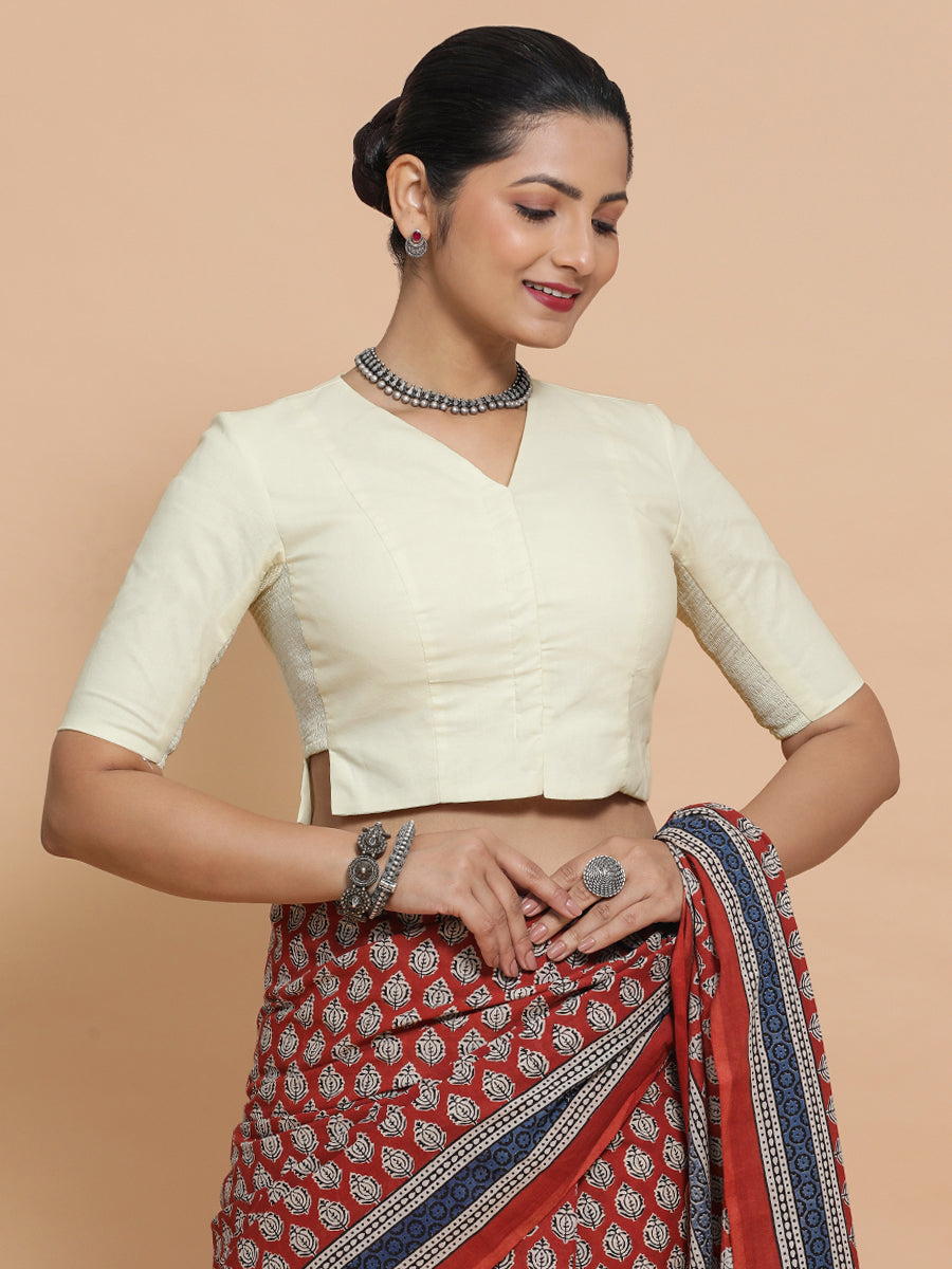 Rini x Rozaana Saree Blouse, in White Linen, featuring elbow sleeves and v-neckline, made for daily & work.