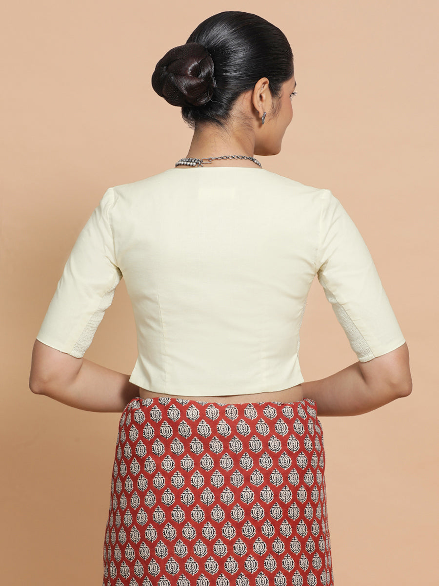 Rini x Rozaana Saree Blouse, in White Linen, featuring elbow sleeves and v-neckline, made for daily & work (view 2).
