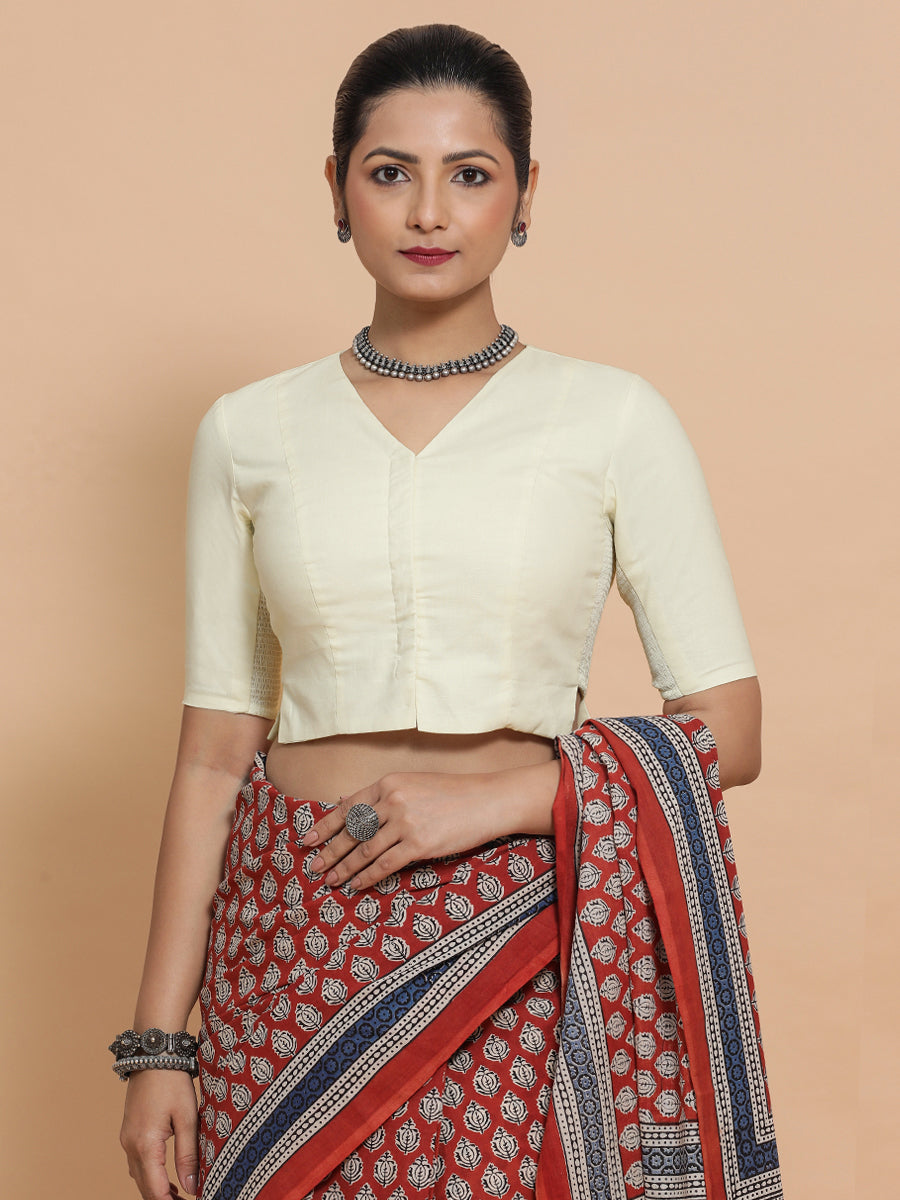 Rini x Rozaana Saree Blouse, in White Linen, featuring elbow sleeves and v-neckline, made for daily & work (view 5).