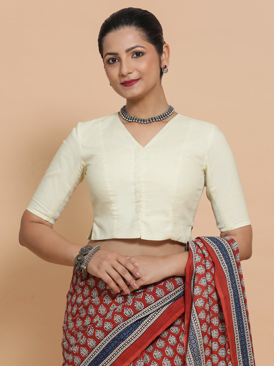 Rini x Rozaana Saree Blouse, in White Linen, featuring elbow sleeves and v-neckline, made for daily & work (view 6).