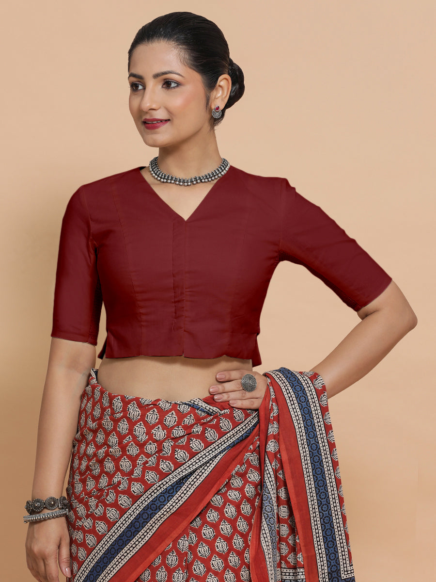 Rini x Rozaana Saree Blouse, in Red Linen, featuring elbow sleeves and v-neckline, made for daily & work (view 6).