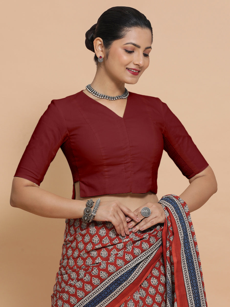 Rini x Rozaana Saree Blouse, in Red Linen, featuring elbow sleeves and v-neckline, made for daily & work (view 7).