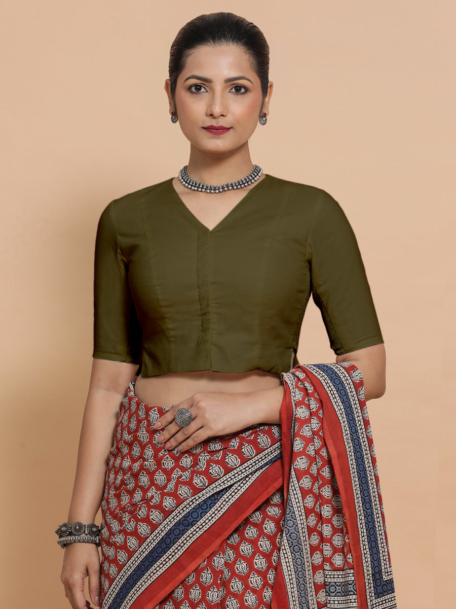 Rini x Rozaana Saree Blouse, in Green Linen, featuring elbow sleeves and v-neckline, made for daily & work (view 5).