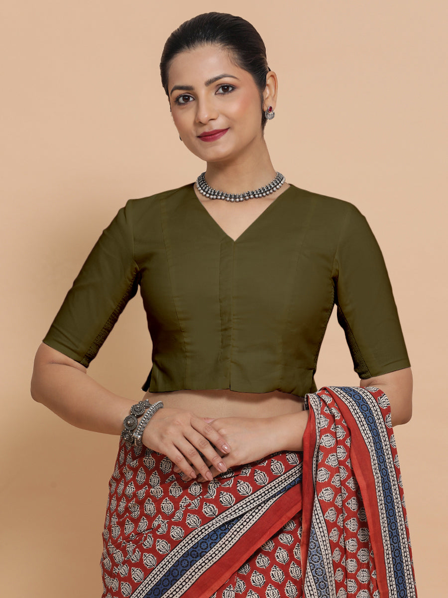 Rini x Rozaana Saree Blouse, in Green Linen, featuring elbow sleeves and v-neckline, made for daily & work (view 6).