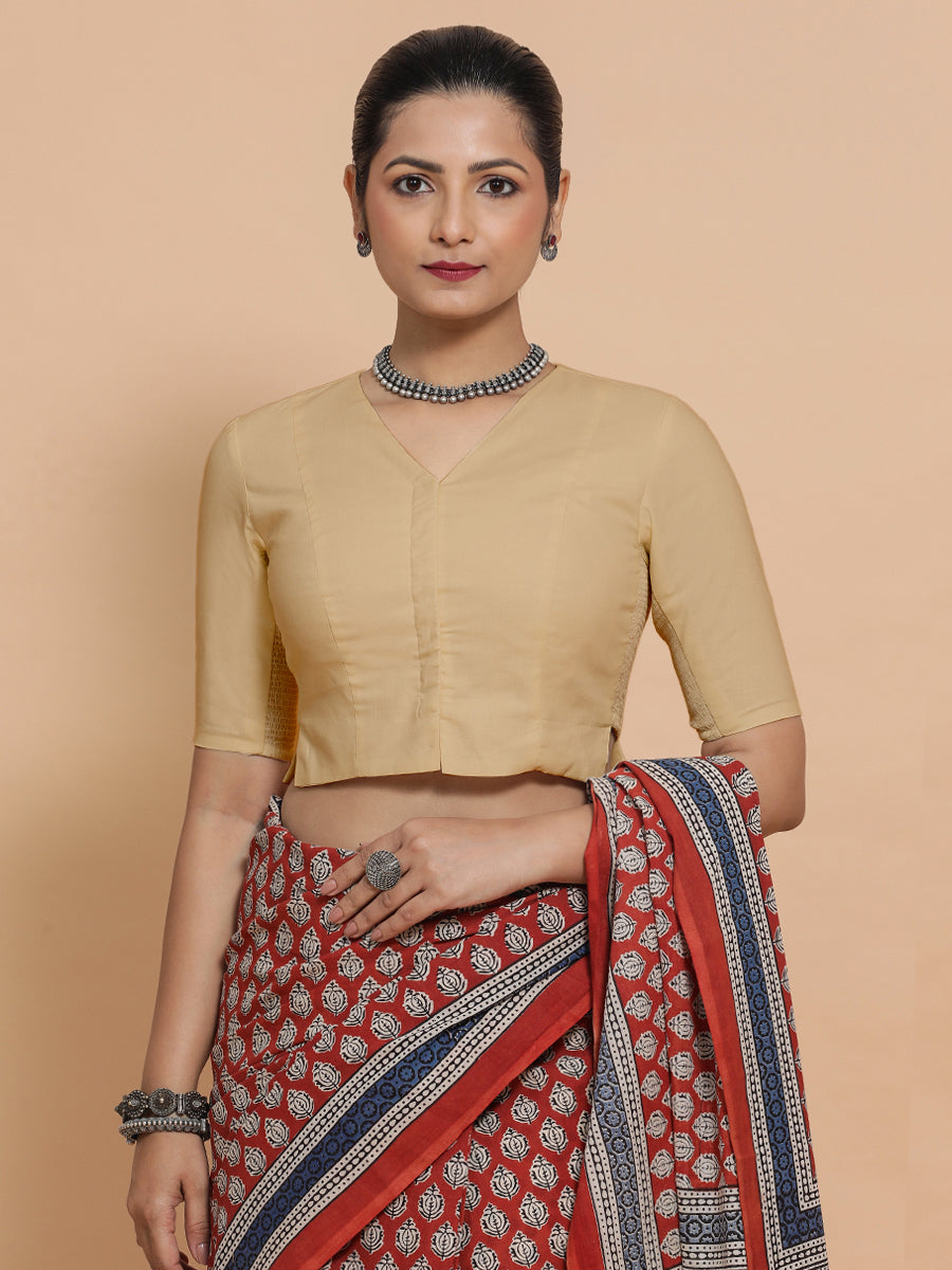 Rini x Rozaana Saree Blouse, in Beige Linen, featuring elbow sleeves and v-neckline, made for daily & work (view 5).