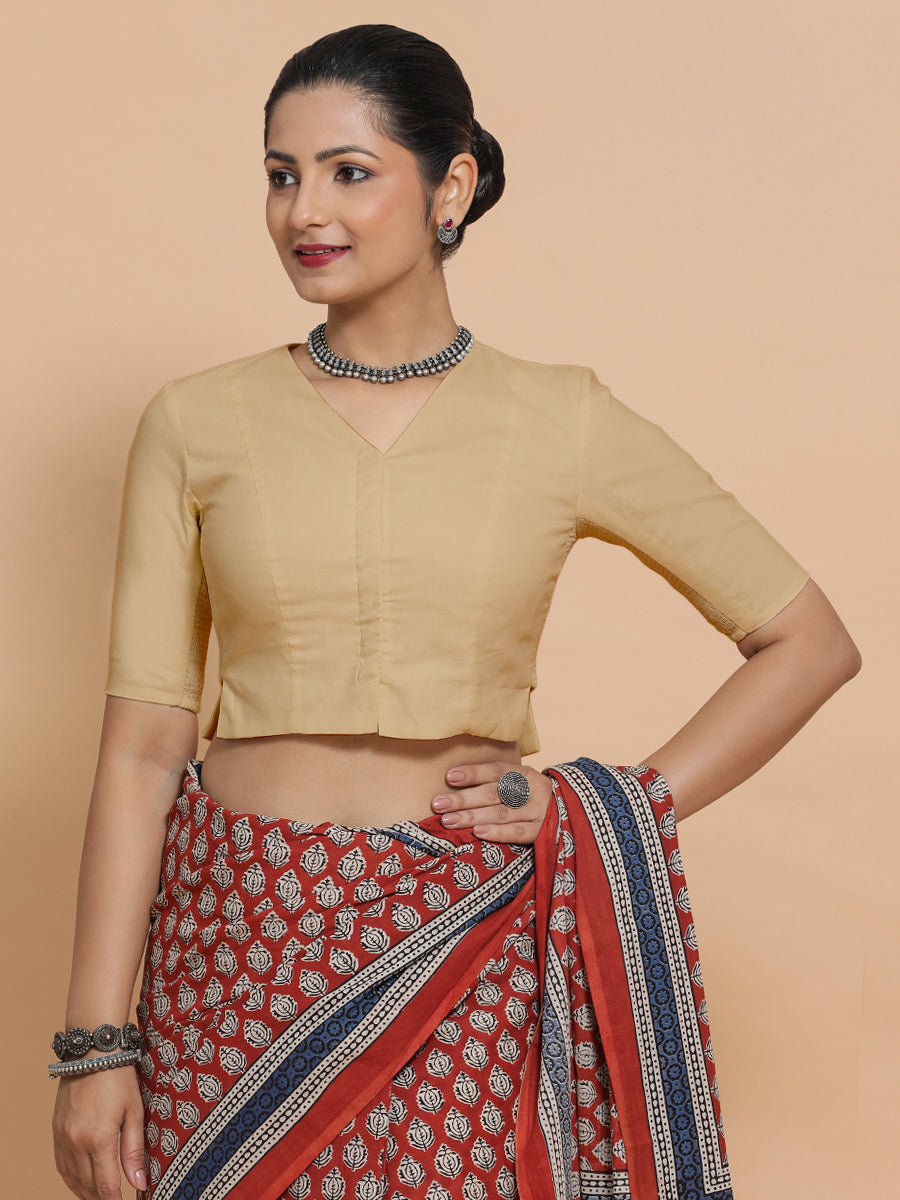 Rini x Rozaana Saree Blouse, in Beige Linen, featuring elbow sleeves and v-neckline, made for daily & work (view 7).