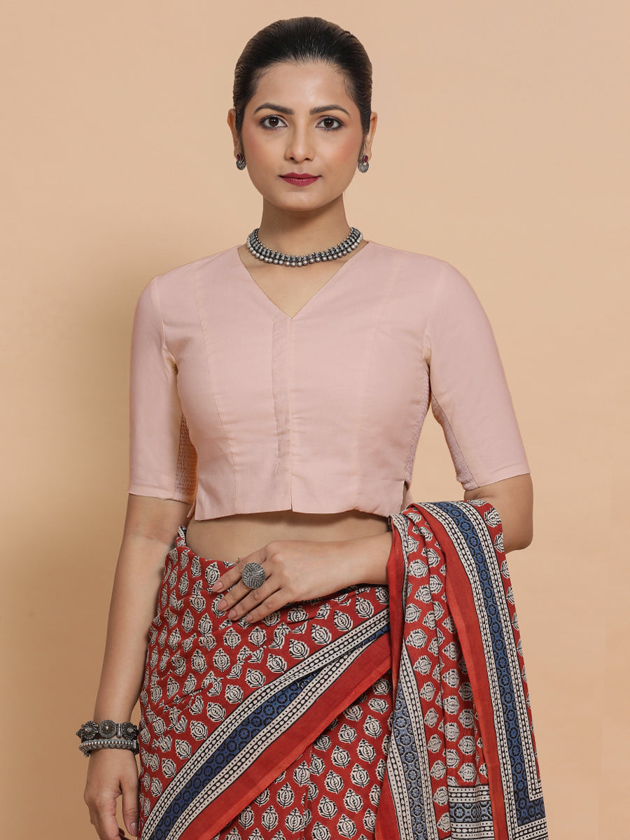Rini x Rozaana Saree Blouse, in Pink Linen, featuring elbow sleeves and v-neckline, made for daily & work (view 5).
