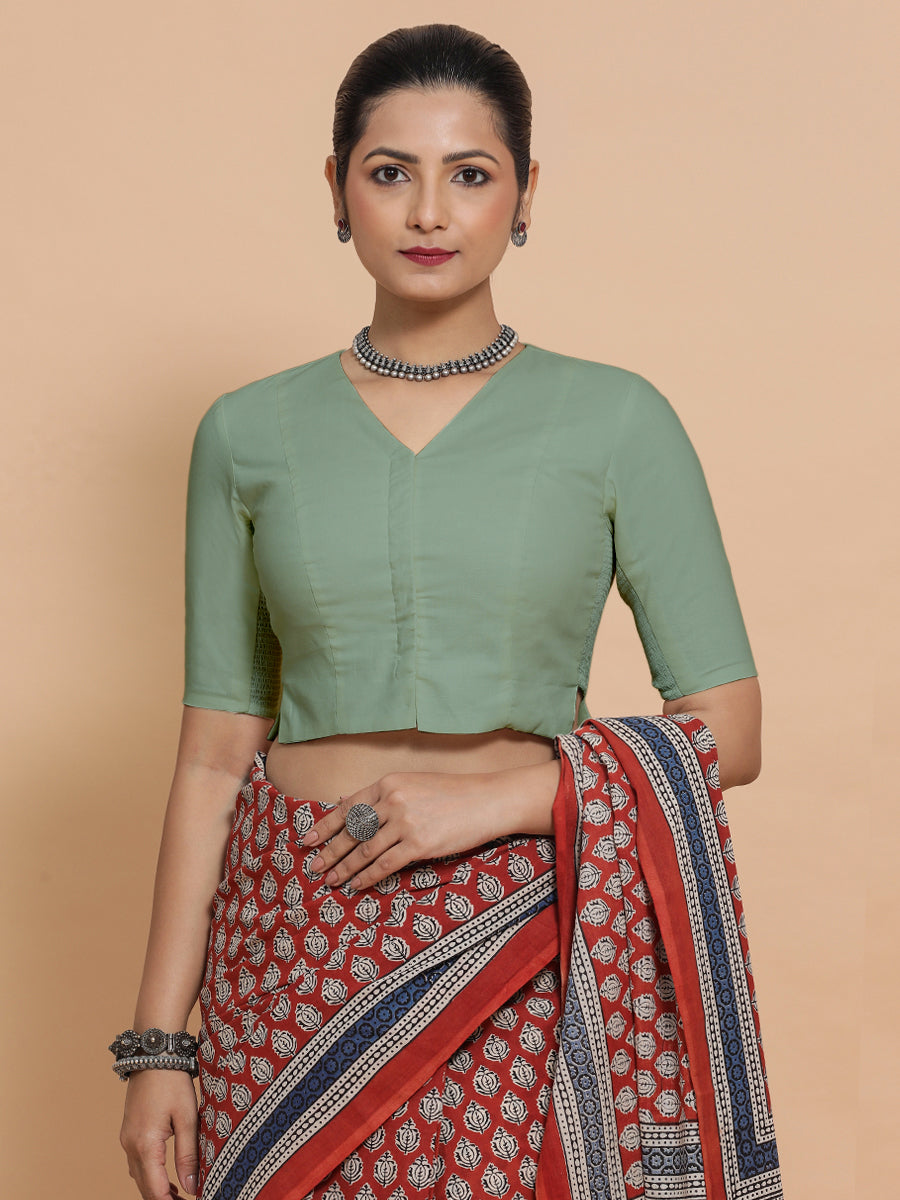 Rini x Rozaana Saree Blouse, in Green Linen, featuring elbow sleeves and v-neckline, made for daily & work (view 5).