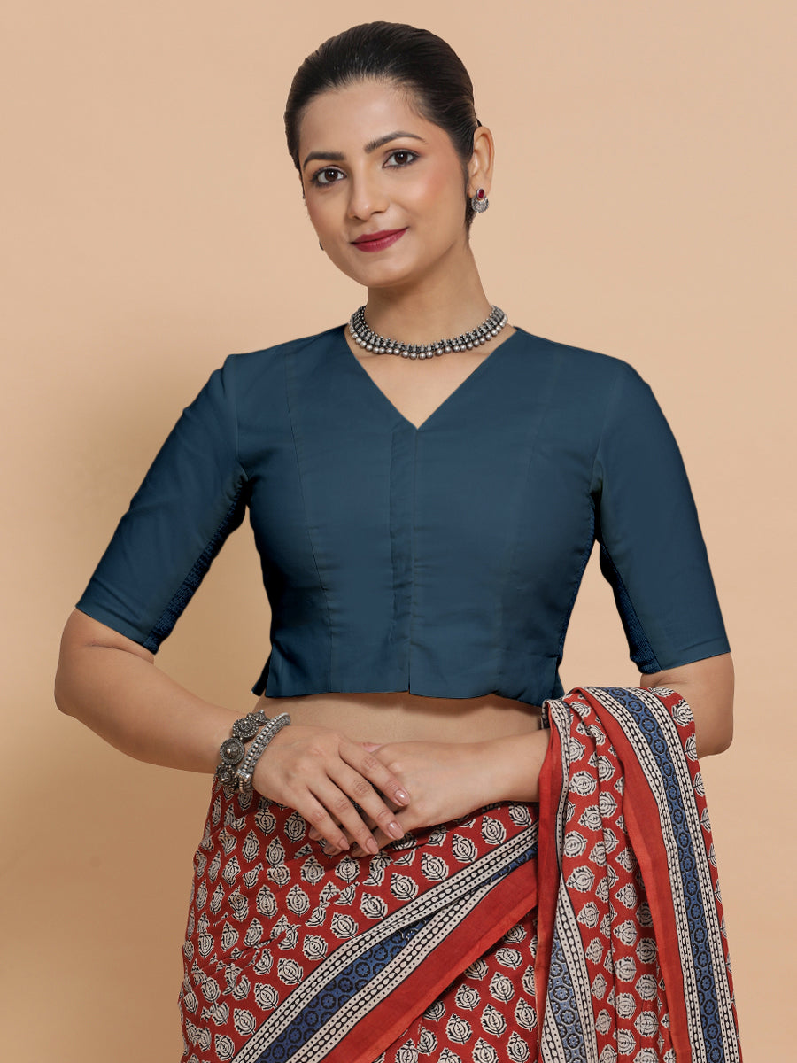 Rini x Rozaana Saree Blouse, in Blue Linen, featuring elbow sleeves and v-neckline, made for daily & work (view 6).