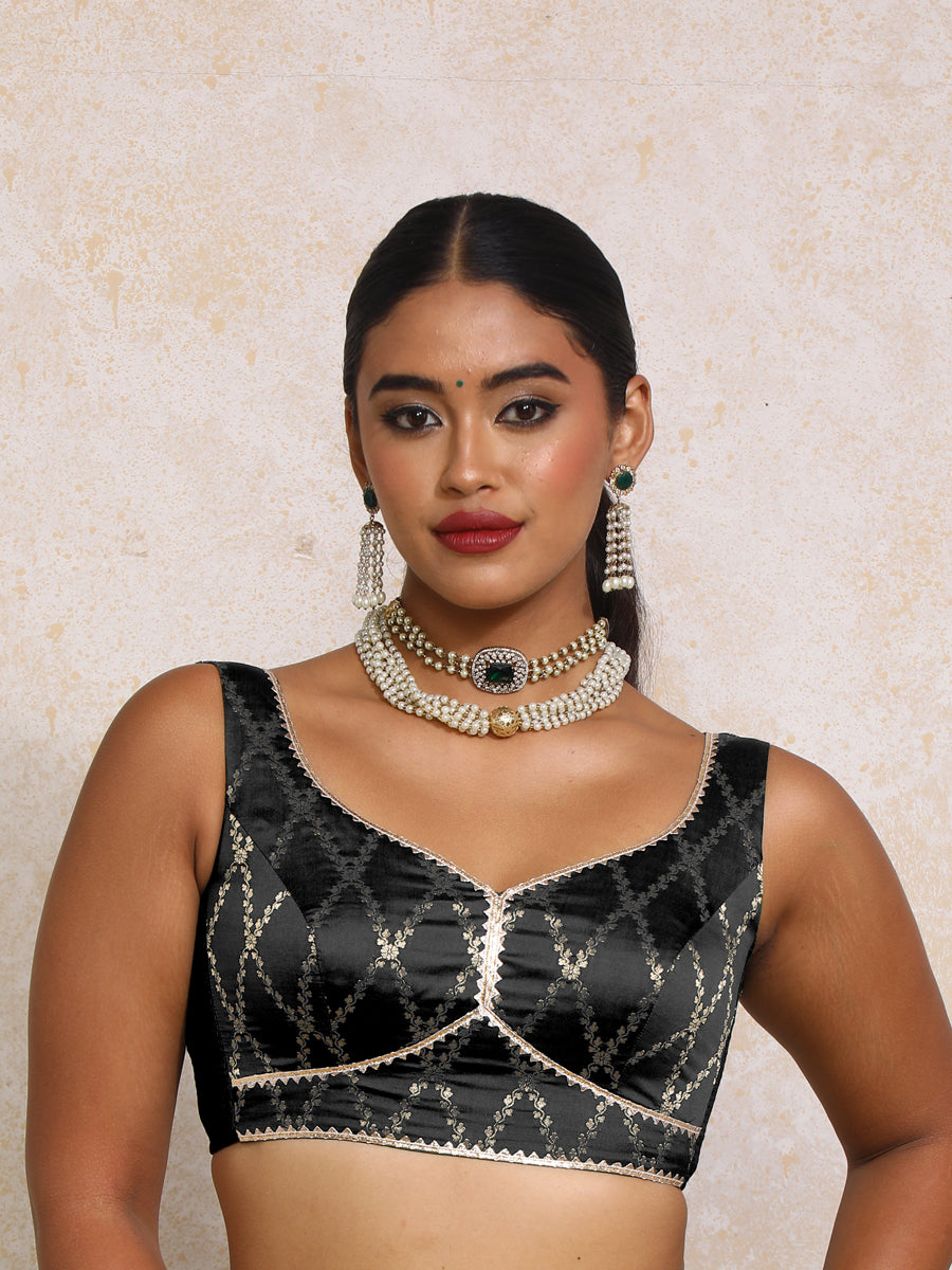 Rivana x Tyohaar Saree Blouse, in Black Viscose Silk Brocade, featuring sleeveless and sweetheart neckline (view 5).