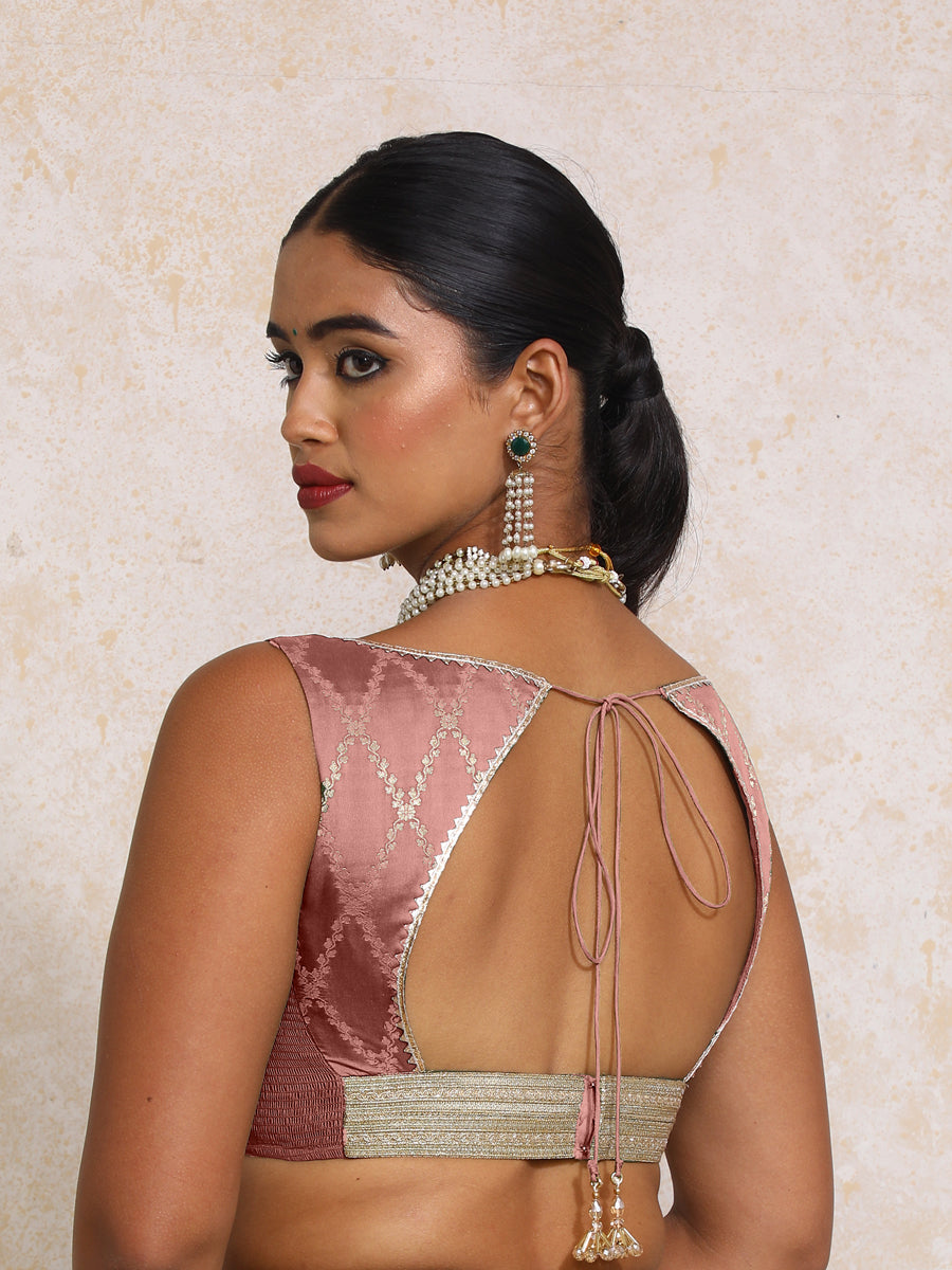 Rivana x Tyohaar Saree Blouse, in Pink Viscose Silk Brocade, featuring sleeveless and sweetheart neckline (view 2).