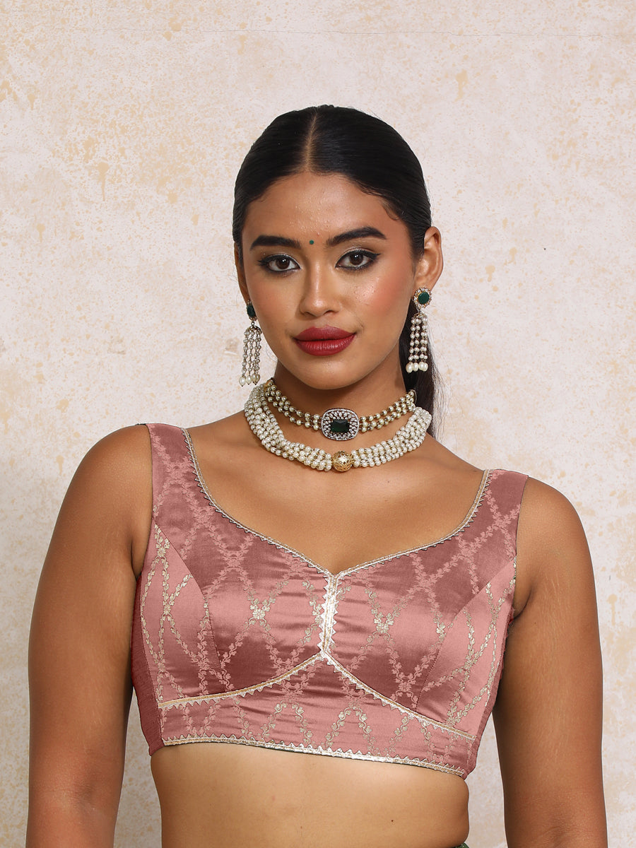 Rivana x Tyohaar Saree Blouse, in Pink Viscose Silk Brocade, featuring sleeveless and sweetheart neckline (view 4).