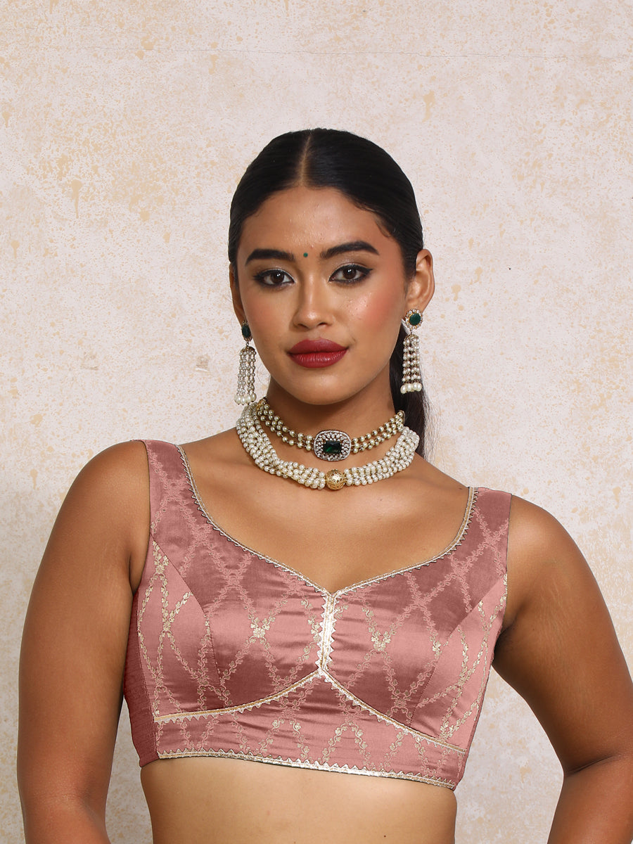 Rivana x Tyohaar Saree Blouse, in Pink Viscose Silk Brocade, featuring sleeveless and sweetheart neckline (view 5).