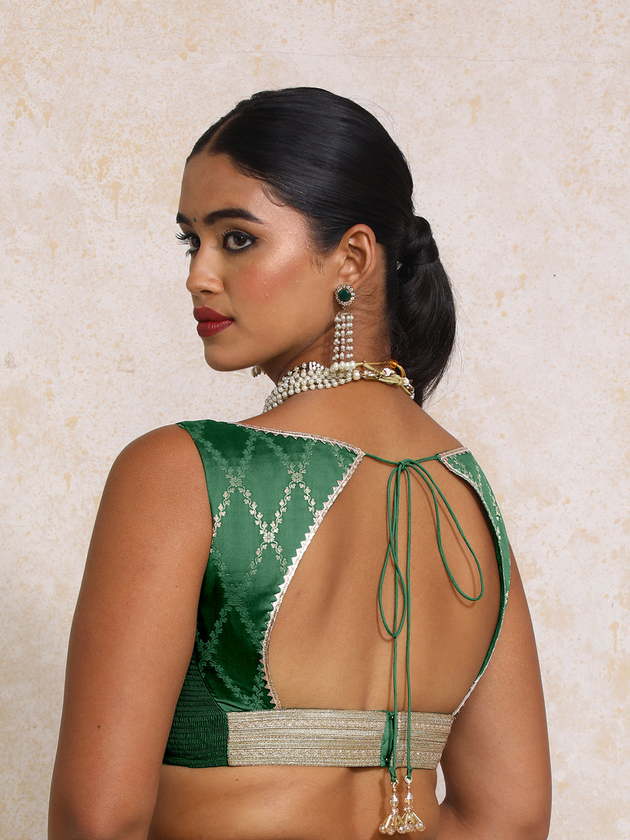 Rivana x Tyohaar Saree Blouse, in Green Viscose Silk Brocade, featuring sleeveless and sweetheart neckline (view 2).