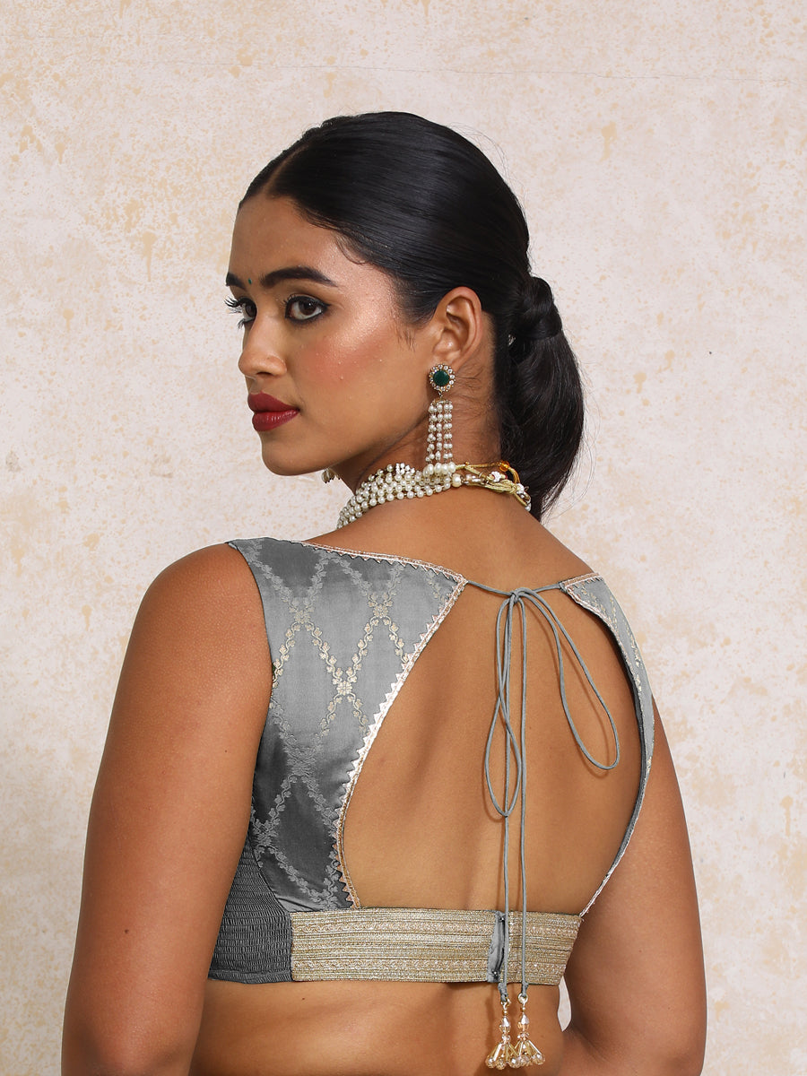 Rivana x Tyohaar Saree Blouse, in Grey Viscose Silk Brocade, featuring sleeveless and sweetheart neckline (view 2).