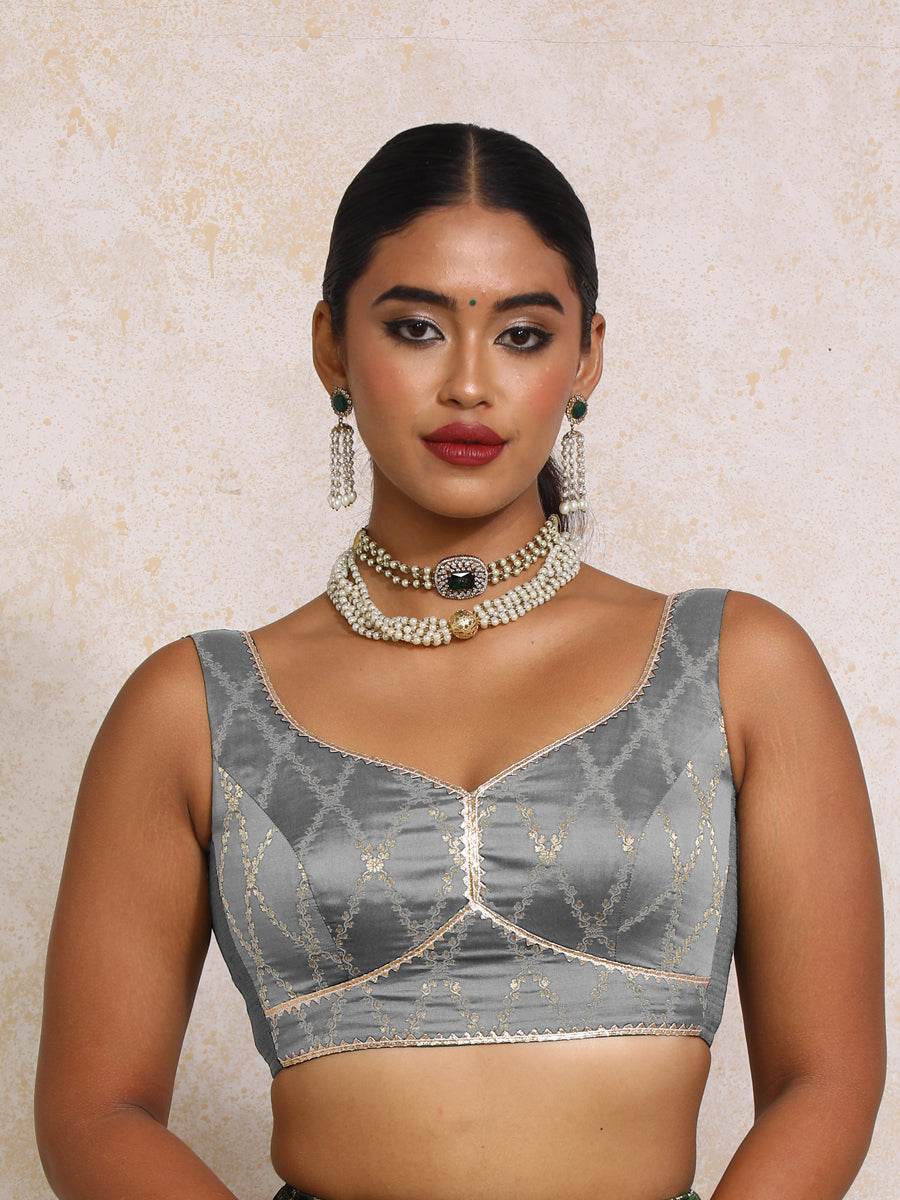 Rivana x Tyohaar Saree Blouse, in Grey Viscose Silk Brocade, featuring sleeveless and sweetheart neckline (view 5).