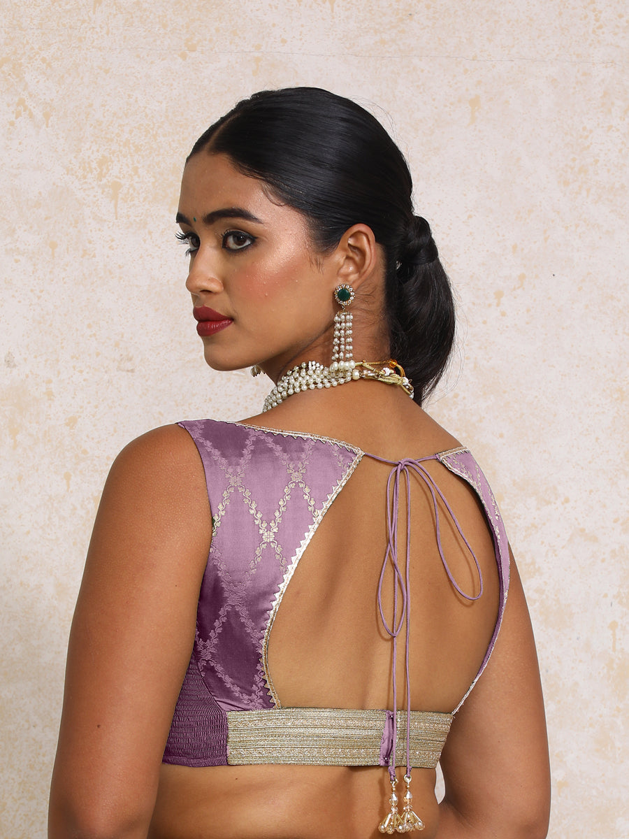 Rivana x Tyohaar Saree Blouse, in Purple Viscose Silk Brocade, featuring sleeveless and sweetheart neckline (view 2).
