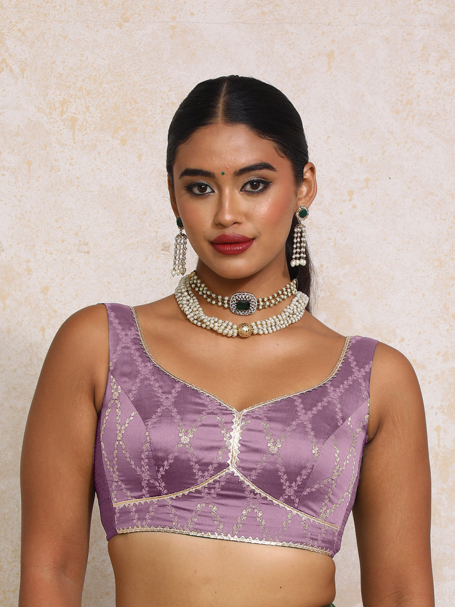 Rivana x Tyohaar Saree Blouse, in Purple Viscose Silk Brocade, featuring sleeveless and sweetheart neckline (view 5).