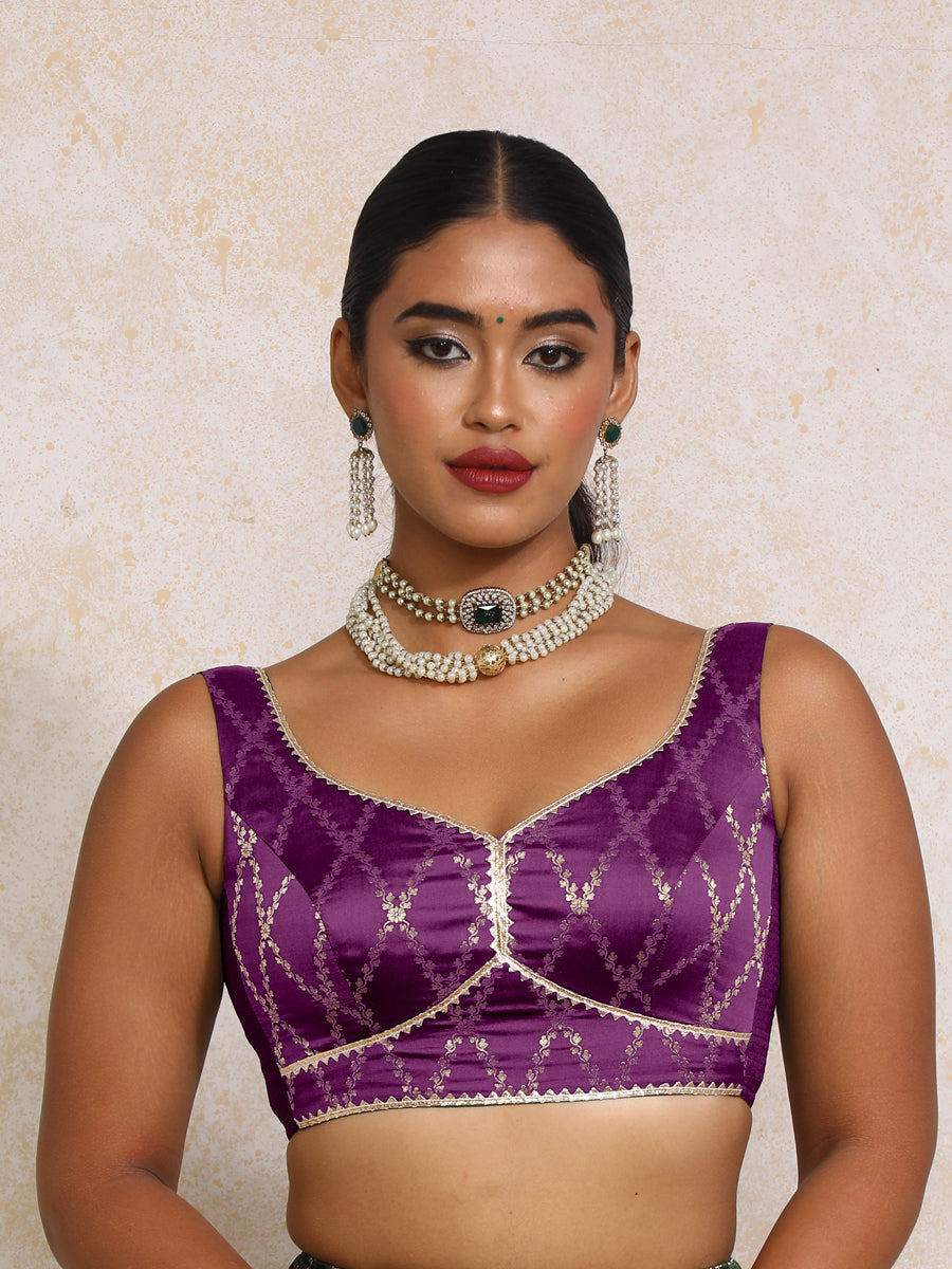 Rivana x Tyohaar Saree Blouse, in Purple Viscose Silk Brocade, featuring sleeveless and sweetheart neckline (view 5).