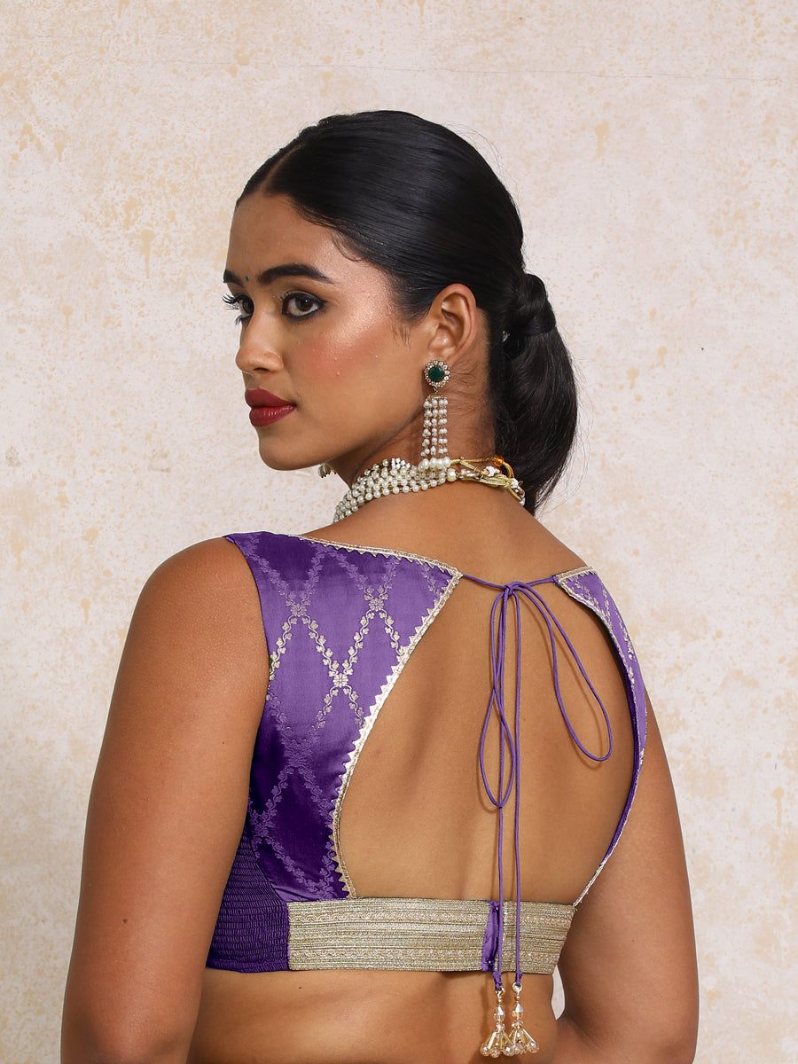 Rivana x Tyohaar Saree Blouse, in Purple Viscose Silk Brocade, featuring sleeveless and sweetheart neckline (view 2).
