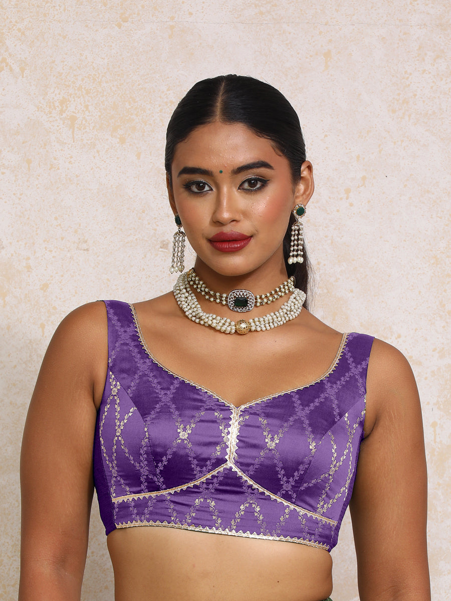 Rivana x Tyohaar Saree Blouse, in Purple Viscose Silk Brocade, featuring sleeveless and sweetheart neckline (view 4).
