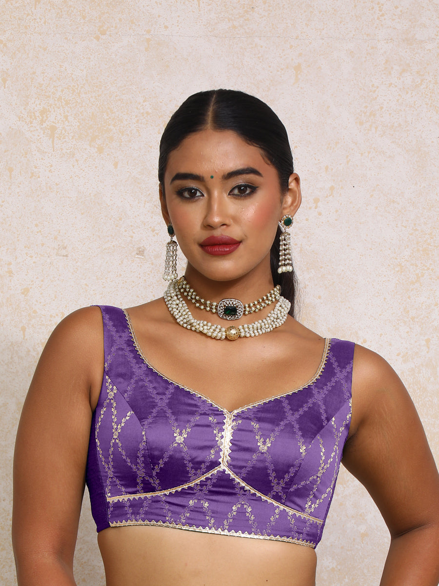 Rivana x Tyohaar Saree Blouse, in Purple Viscose Silk Brocade, featuring sleeveless and sweetheart neckline (view 5).