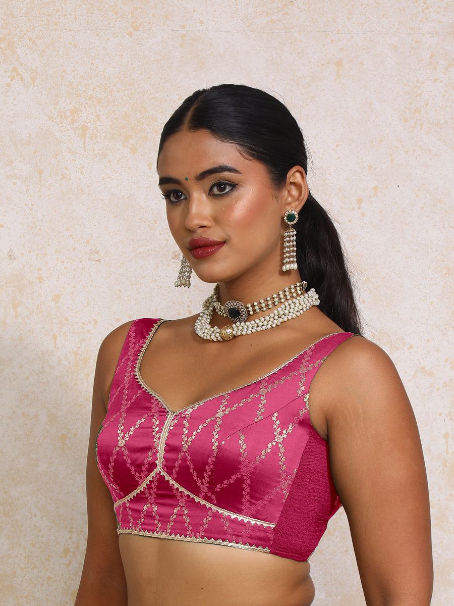 Rivana x Tyohaar Saree Blouse, in Pink Viscose Silk Brocade, featuring sleeveless and sweetheart neckline (view 4).