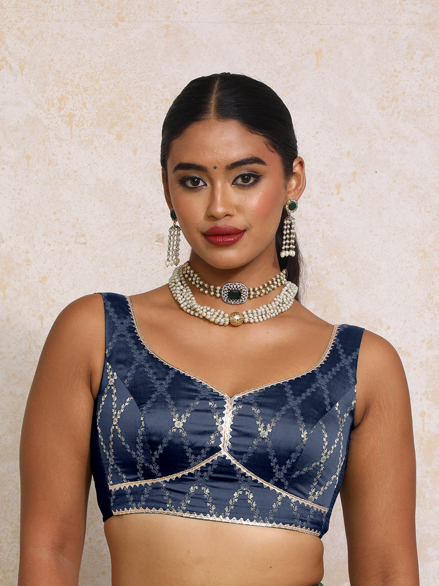 Rivana x Tyohaar Saree Blouse, in Blue Viscose Silk Brocade, featuring sleeveless and sweetheart neckline (view 5).