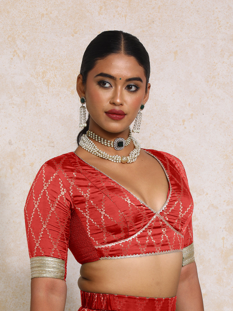 Rivya x Tyohaar Saree Blouse, in Red Viscose Silk Brocade, featuring elbow sleeves and v-neckline, made for party & festive.