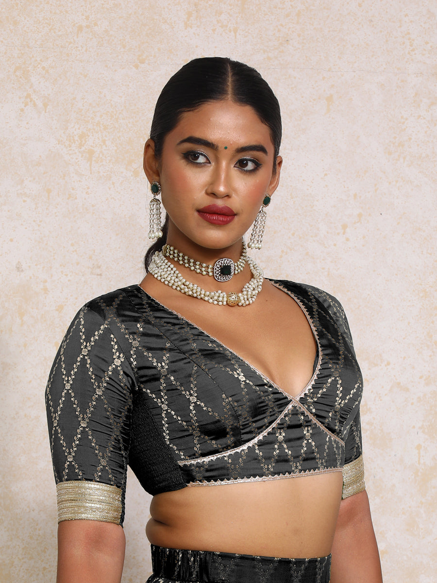 Rivya x Tyohaar Saree Blouse, in Black Viscose Silk Brocade, featuring elbow sleeves and v-neckline (view 5).