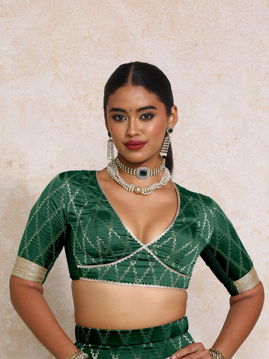 Rivya x Tyohaar Saree Blouse, in Green Viscose Silk Brocade, featuring elbow sleeves and v-neckline (view 5).