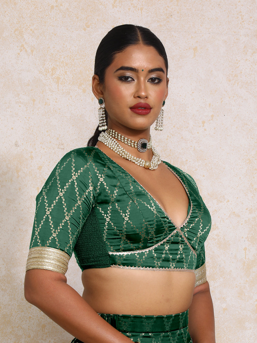 Rivya x Tyohaar Saree Blouse, in Green Viscose Silk Brocade, featuring elbow sleeves and v-neckline (view 7).