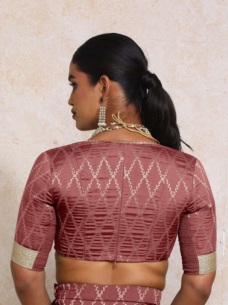Rivya x Tyohaar Saree Blouse, in Maroon Viscose Silk Brocade, featuring elbow sleeves and v-neckline (view 2).