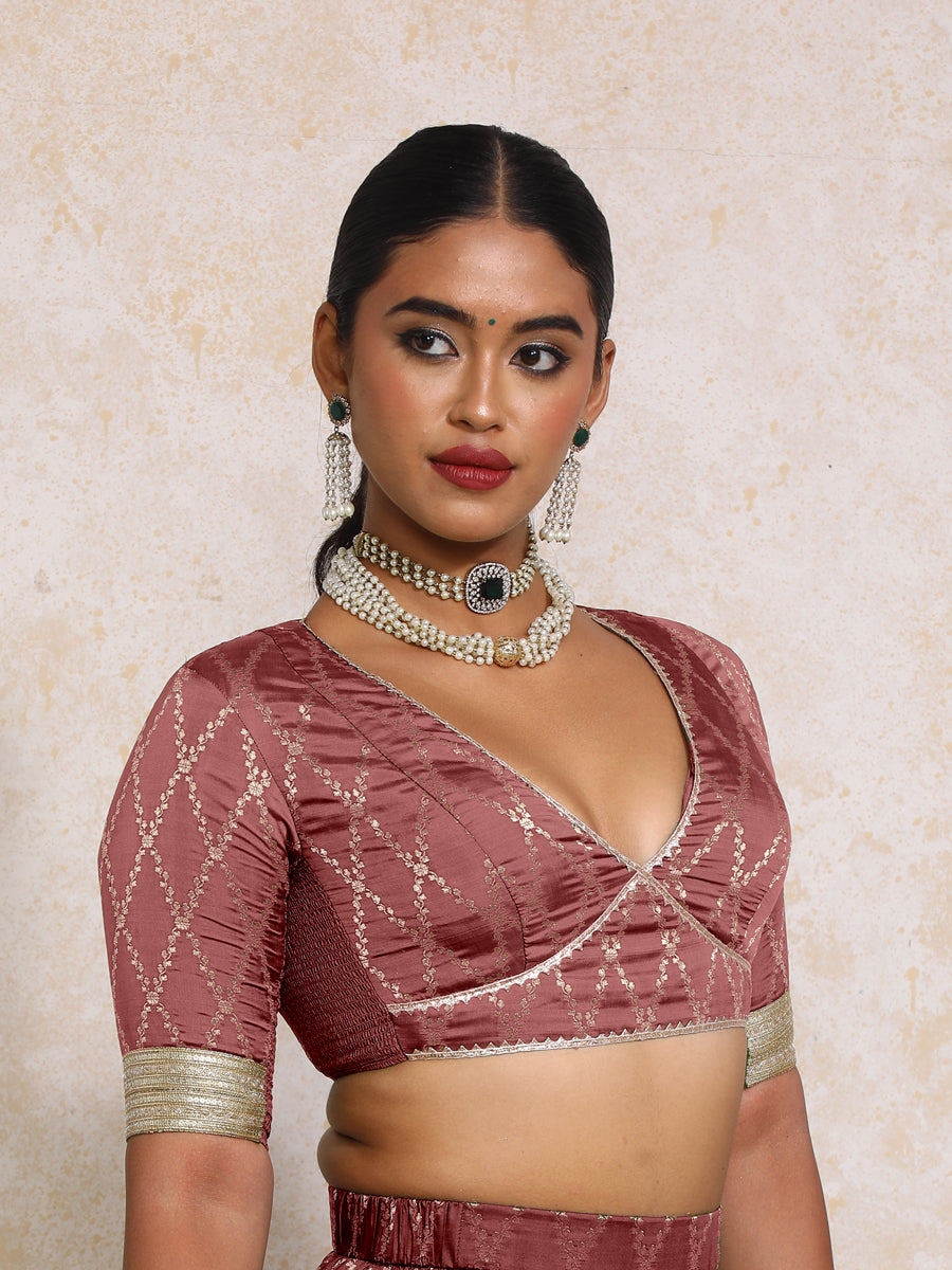 Rivya x Tyohaar Saree Blouse, in Maroon Viscose Silk Brocade, featuring elbow sleeves and v-neckline (view 5).