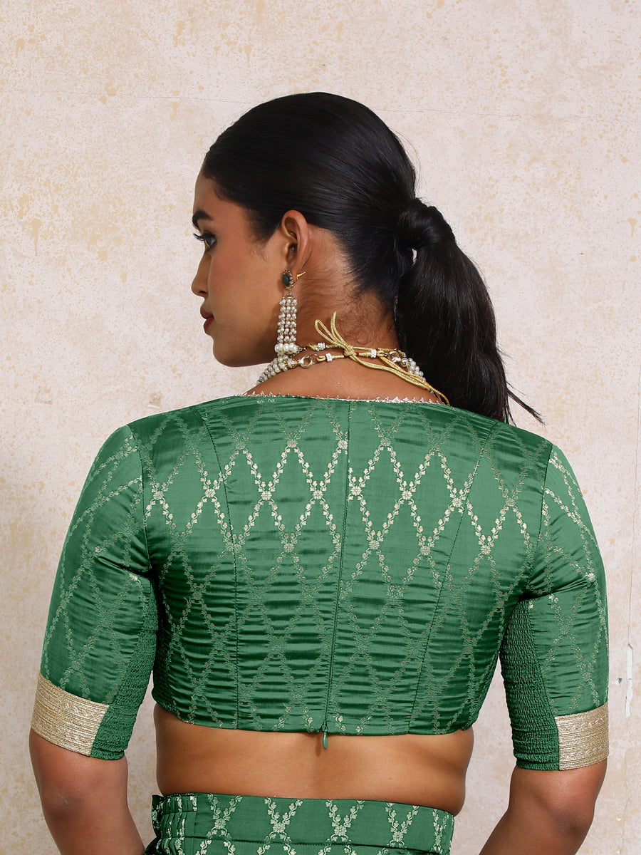 Rivya x Tyohaar Saree Blouse, in Green Viscose Silk Brocade, featuring elbow sleeves and v-neckline (view 2).