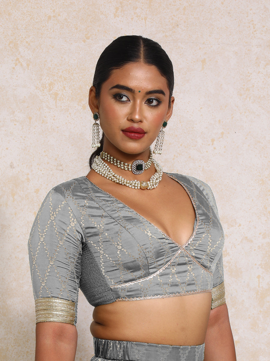 Rivya x Tyohaar Saree Blouse, in Grey Viscose Silk Brocade, featuring elbow sleeves and v-neckline, made for party & festive.