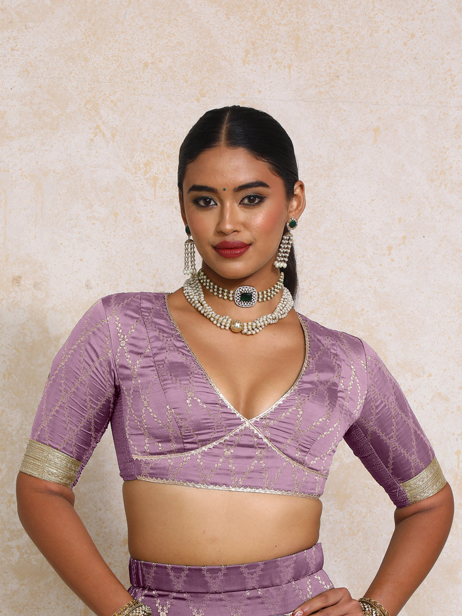 Rivya x Tyohaar Saree Blouse, in Purple Viscose Silk Brocade, featuring elbow sleeves and v-neckline (view 5).