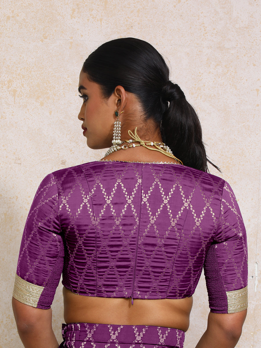 Rivya x Tyohaar Saree Blouse, in Purple Viscose Silk Brocade, featuring elbow sleeves and v-neckline (view 2).