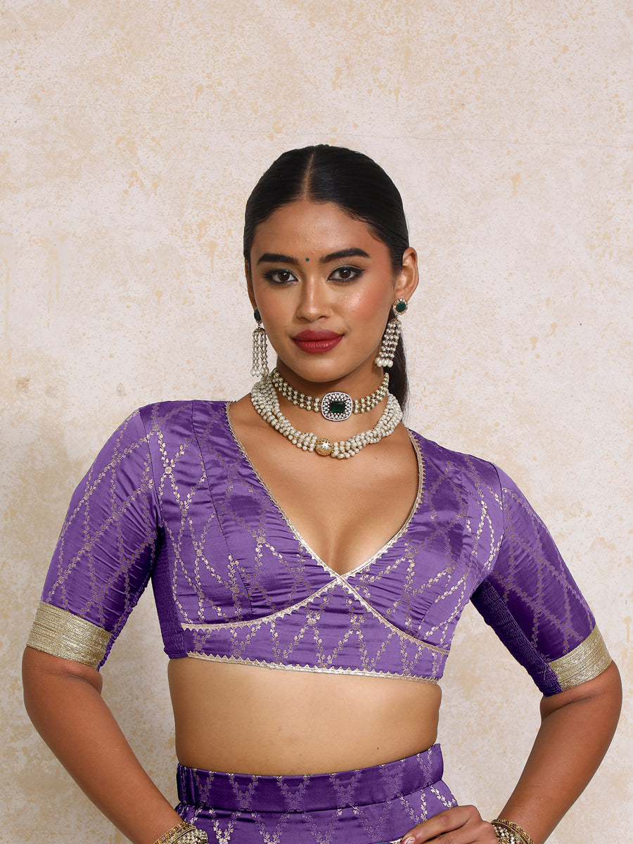 Rivya x Tyohaar | Elbow Sleeves Regal Purple Vine Mesh Brocade Saree Blouse