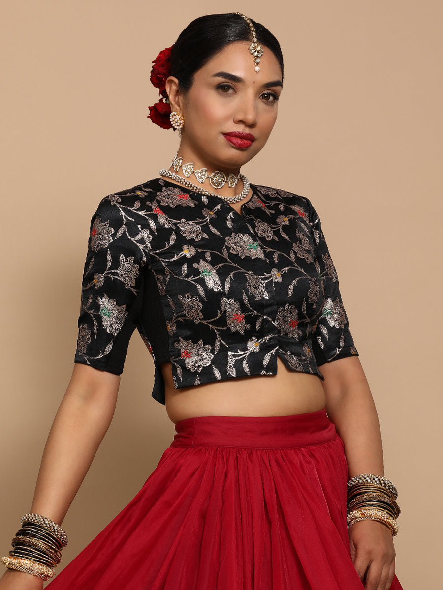 Riyana x Tyohaar Saree Blouse, in Black Embroidery & Brocade, featuring elbow sleeves and round neckline.