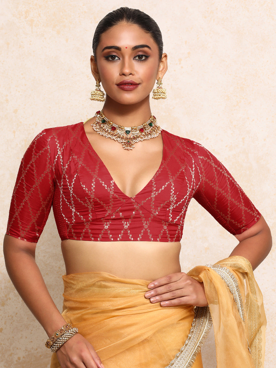 Rubani x Tyohaar Saree Blouse, in Red Viscose Silk Brocade, featuring elbow sleeves and v-neckline, made for party & festive.