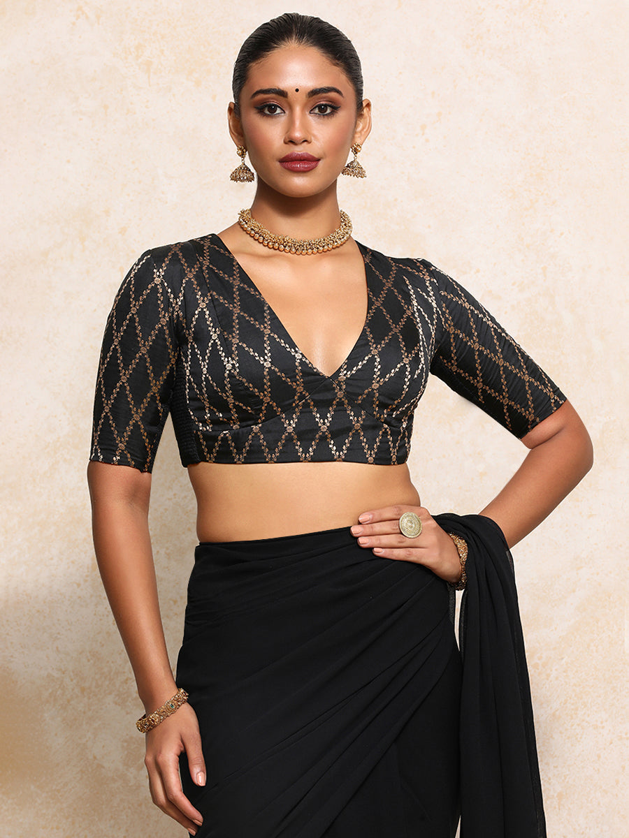 Rubani x Tyohaar Saree Blouse, in Black Viscose Silk Brocade, featuring elbow sleeves and v-neckline (view 5).