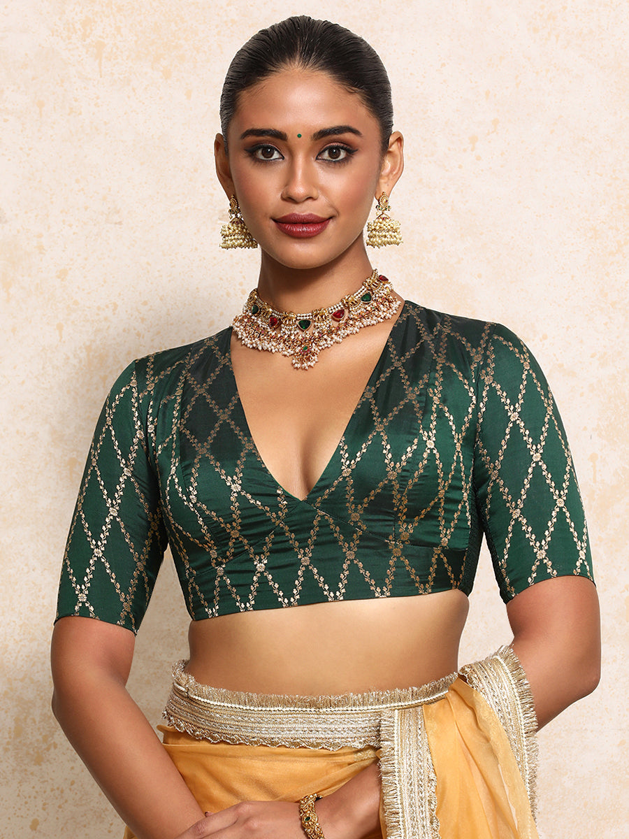 Rubani x Tyohaar | Elbow Sleeves Saree Blouse in Dark Green Vine Mesh Brocade