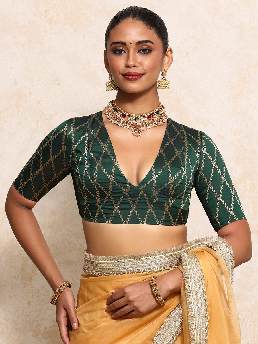 Rubani x Tyohaar Saree Blouse, in Green Viscose Silk Brocade, featuring elbow sleeves and v-neckline (view 5).