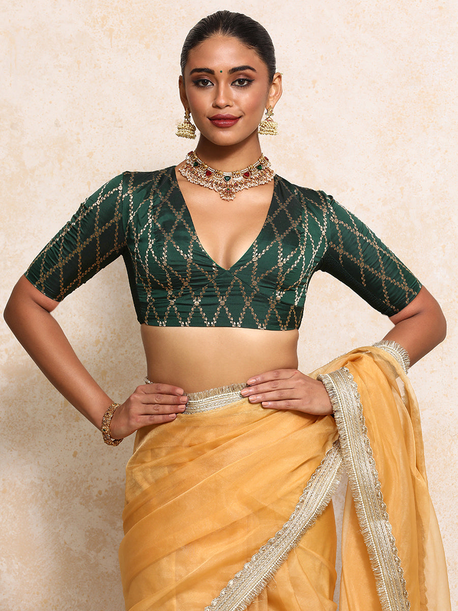 Rubani x Tyohaar Saree Blouse, in Green Viscose Silk Brocade, featuring elbow sleeves and v-neckline (view 7).