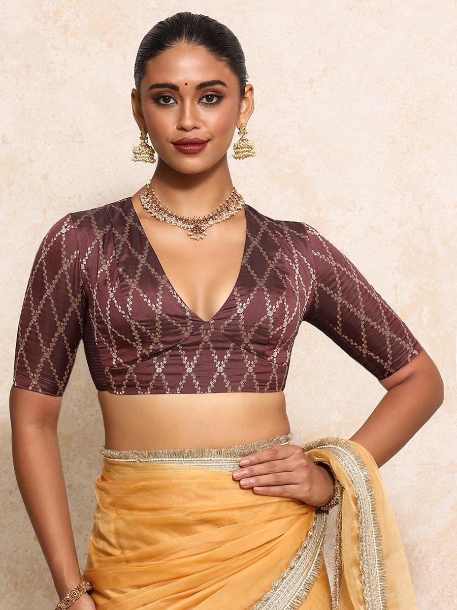 Rubani x Tyohaar Saree Blouse, in Maroon Viscose Silk Brocade, featuring elbow sleeves and v-neckline (view 5).
