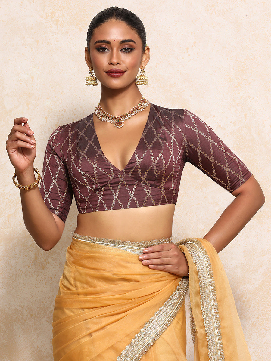Rubani x Tyohaar Saree Blouse, in Maroon Viscose Silk Brocade, featuring elbow sleeves and v-neckline (view 6).