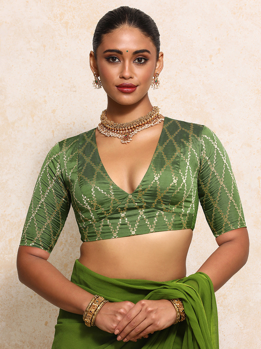 Rubani x Tyohaar Saree Blouse, in Green Viscose Silk Brocade, featuring elbow sleeves and v-neckline (view 6).